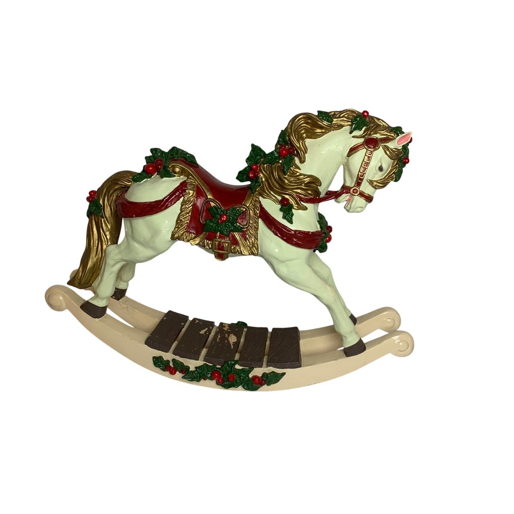 Vintage Christmas Rocking Horse Figurine Holly Berry Red Gold Holiday Decor